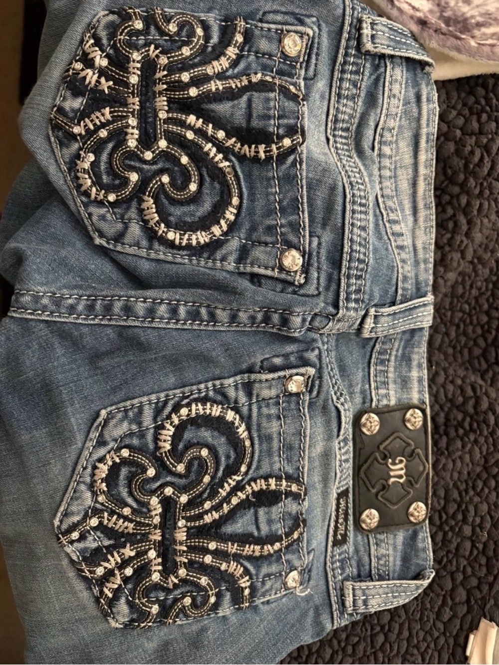 Miss Me Blue Embroidered Low-Rise Jeans with Bedazzled Pockets